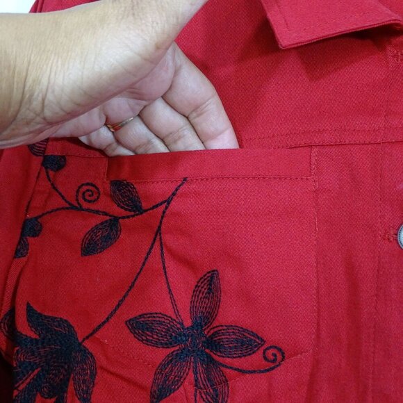 Vintage Erin London Red Embroidered Button Up Jacket Stretch Women Size S FLAW - Picture 4 of 11